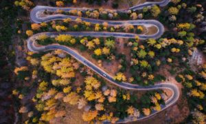 birds eye view of winding road